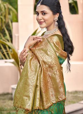sea green & olive green banarasi silk blend saree with zari woven pallu 2