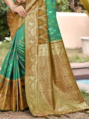 sea green & olive green banarasi silk blend saree with zari woven pallu 3