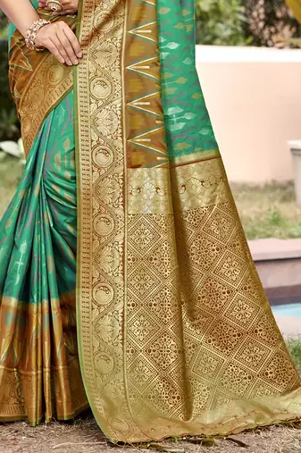 sea green & olive green banarasi silk blend saree with zari woven pallu