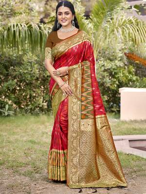 red & brown banarasi silk blend saree with zari woven pallu 1