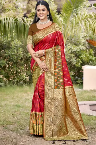 red & brown banarasi silk blend saree with zari woven pallu
