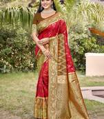 red & brown banarasi silk blend saree with zari woven pallu
