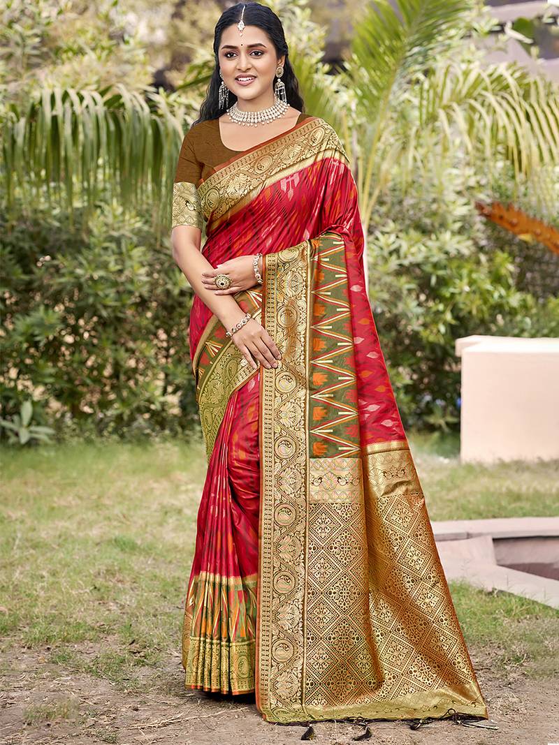 red & brown banarasi silk blend saree with zari woven pallu