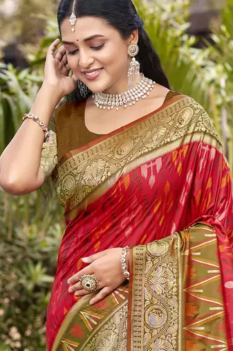red & brown banarasi silk blend saree with zari woven pallu