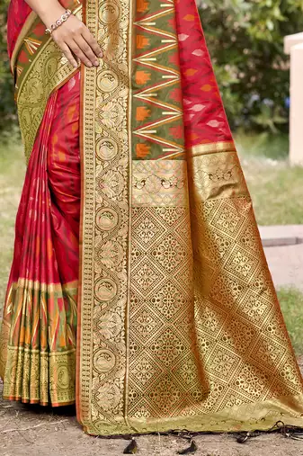 red & brown banarasi silk blend saree with zari woven pallu