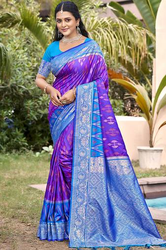 purple & sky blue banarasi silk blend saree with zari woven pallu