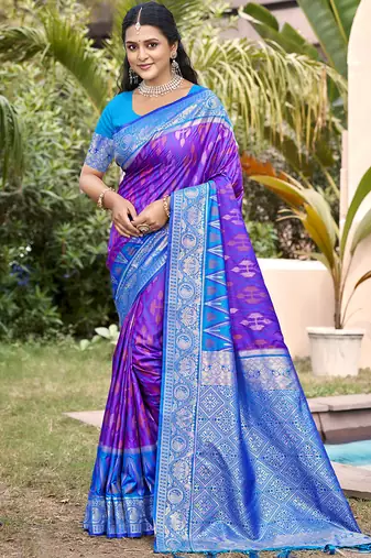 purple & sky blue banarasi silk blend saree with zari woven pallu
