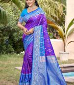 purple & sky blue banarasi silk blend saree with zari woven pallu