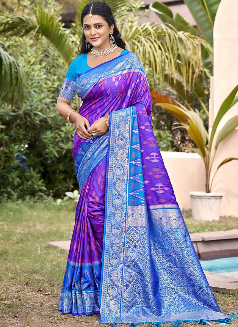 purple & sky blue banarasi silk blend saree with zari woven pallu