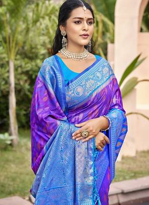 purple & sky blue banarasi silk blend saree with zari woven pallu 2