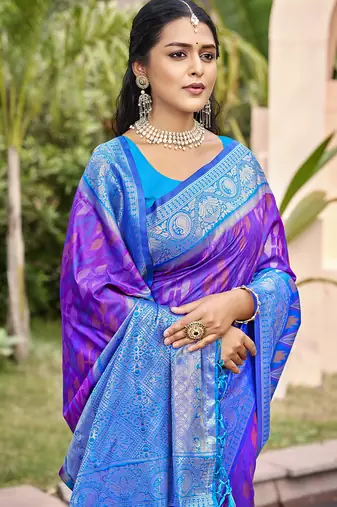 purple & sky blue banarasi silk blend saree with zari woven pallu