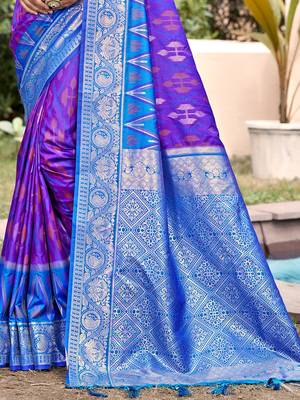 purple & sky blue banarasi silk blend saree with zari woven pallu 3