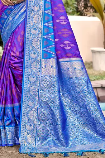 purple & sky blue banarasi silk blend saree with zari woven pallu