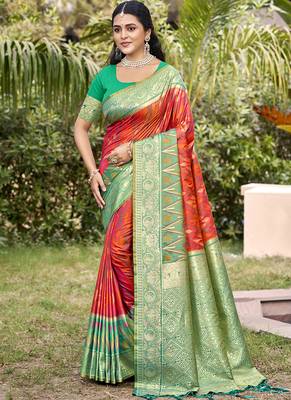 red & green banarasi silk blend saree with zari woven pallu 1