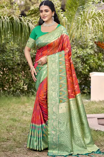 red & green banarasi silk blend saree with zari woven pallu