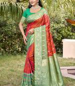 red & green banarasi silk blend saree with zari woven pallu