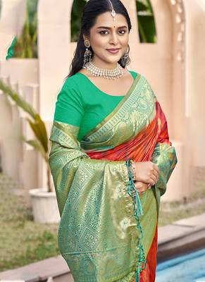 red & green banarasi silk blend saree with zari woven pallu 2