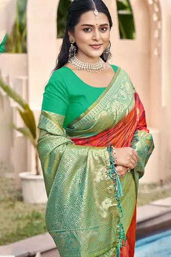 red & green banarasi silk blend saree with zari woven pallu