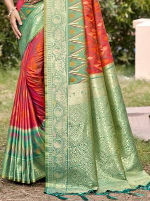 red & green banarasi silk blend saree with zari woven pallu 3