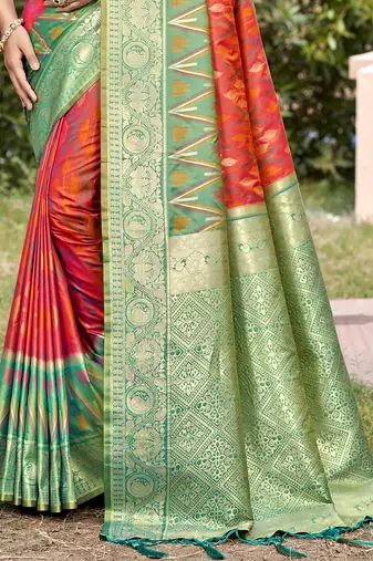 red & green banarasi silk blend saree with zari woven pallu
