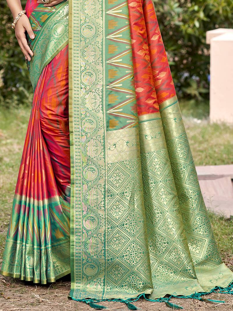 red & green banarasi silk blend saree with zari woven pallu