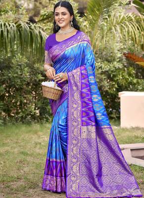 sky blue & purple banarasi silk blend saree with zari woven pallu 1