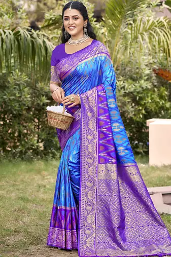sky blue & purple banarasi silk blend saree with zari woven pallu