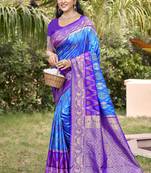 sky blue & purple banarasi silk blend saree with zari woven pallu