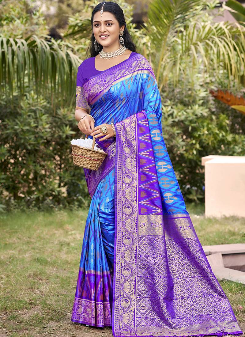 sky blue & purple banarasi silk blend saree with zari woven pallu
