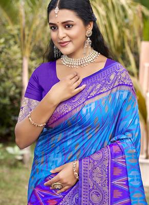 sky blue & purple banarasi silk blend saree with zari woven pallu 2