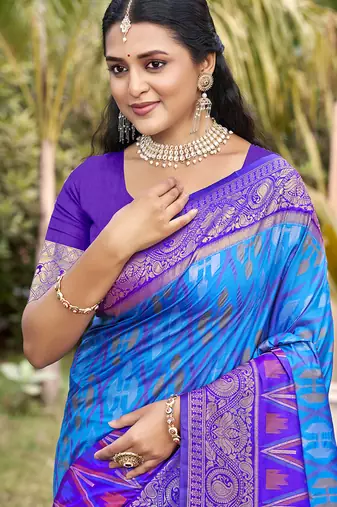 sky blue & purple banarasi silk blend saree with zari woven pallu