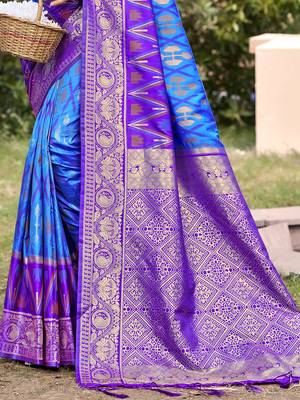 sky blue & purple banarasi silk blend saree with zari woven pallu 3