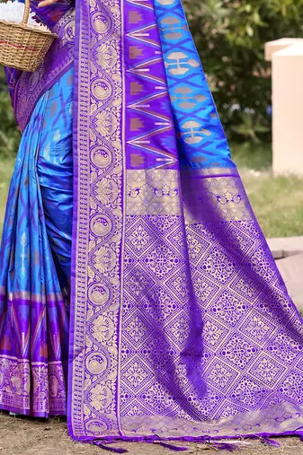 sky blue & purple banarasi silk blend saree with zari woven pallu