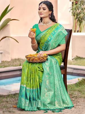 parrot green & sea green banarasi silk blend saree with zari woven pallu 1