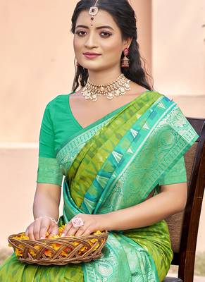 parrot green & sea green banarasi silk blend saree with zari woven pallu 2