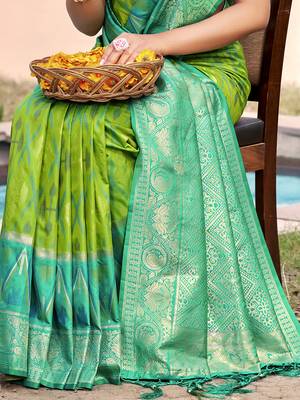 parrot green & sea green banarasi silk blend saree with zari woven pallu 3
