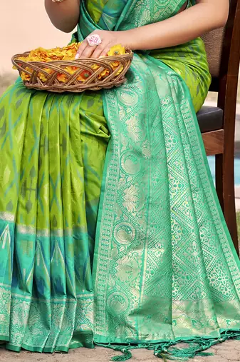parrot green & sea green banarasi silk blend saree with zari woven pallu