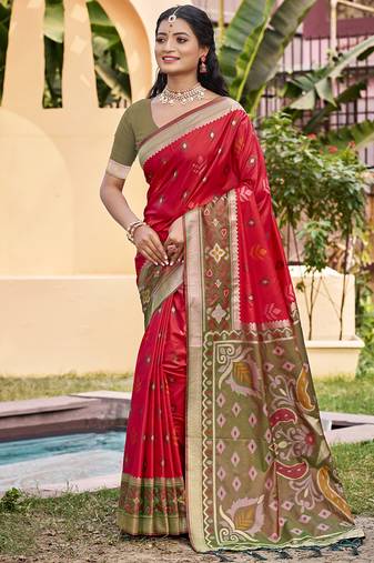 Red silk blend woven saree with contrast pallu and border