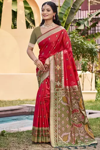 Red silk blend woven saree with contrast pallu and border