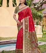 Red silk blend woven saree with contrast pallu and border