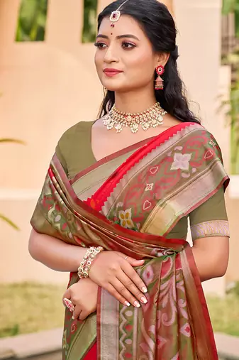 Red silk blend woven saree with contrast pallu and border