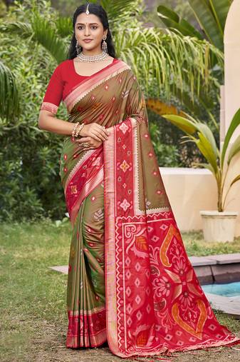 Olive green silk blend woven saree with contrast pallu and border