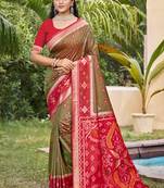 Olive green silk blend woven saree with contrast pallu and border