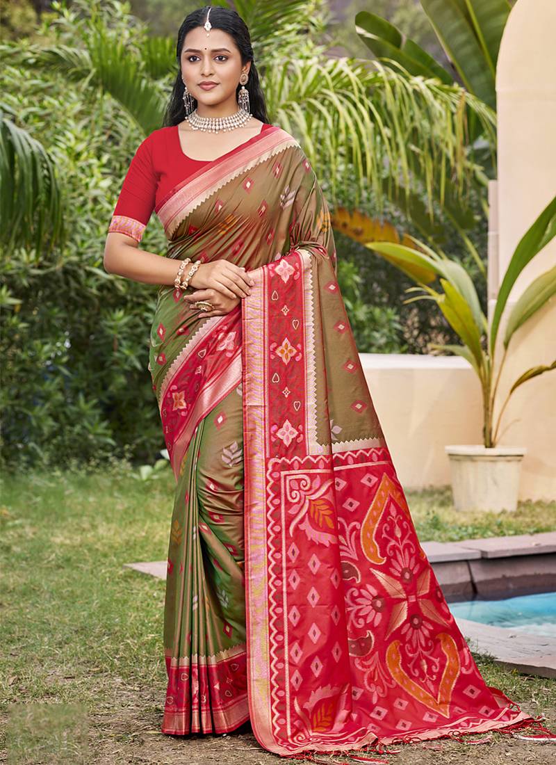 Olive green silk blend woven saree with contrast pallu and border