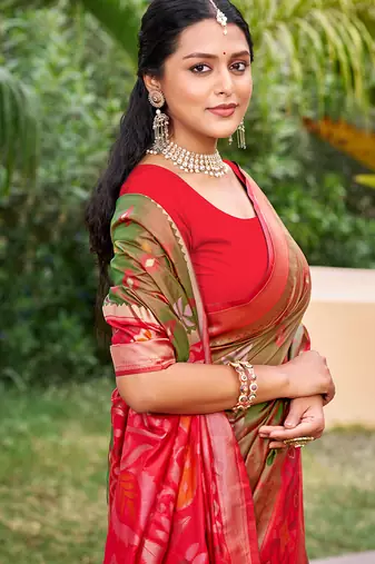 Olive green silk blend woven saree with contrast pallu and border