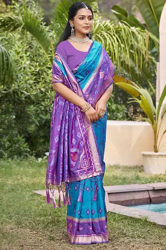 Sky blue silk blend woven saree with contrast pallu and border