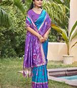 Sky blue silk blend woven saree with contrast pallu and border