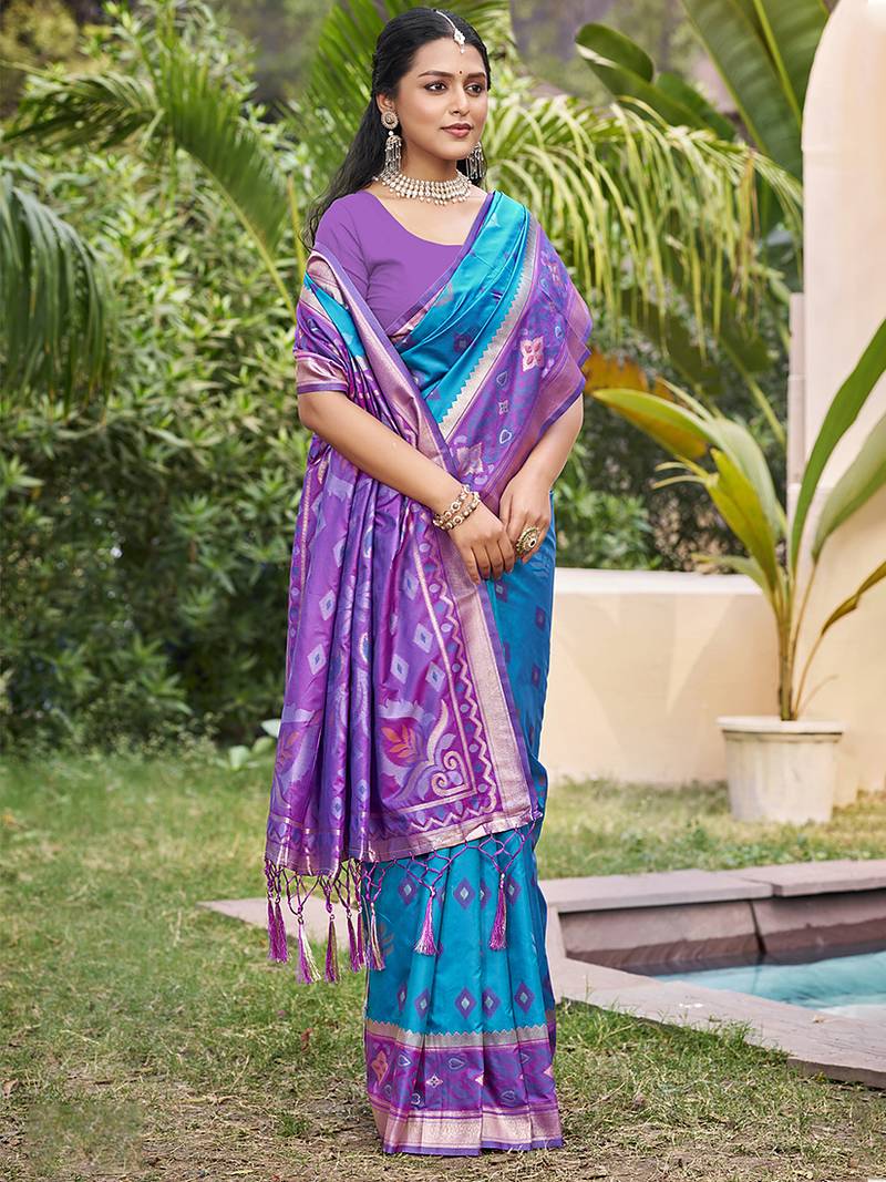 Sky blue silk blend woven saree with contrast pallu and border