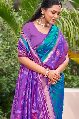 Sky blue silk blend woven saree with contrast pallu and border