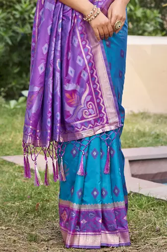Sky blue silk blend woven saree with contrast pallu and border